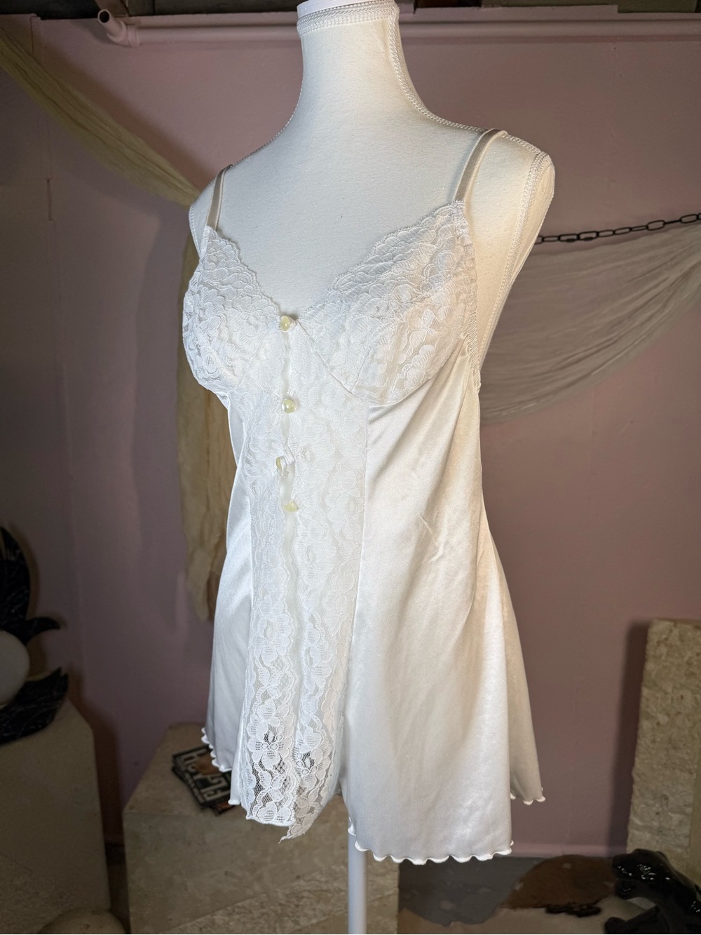 Vintage 90s White Satin Lace Babydoll Slip Dress M